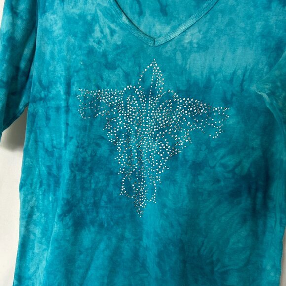 Sledge Y2K Tie Dye V Neck Bling Top L Turquoise - Picture 2 of 4